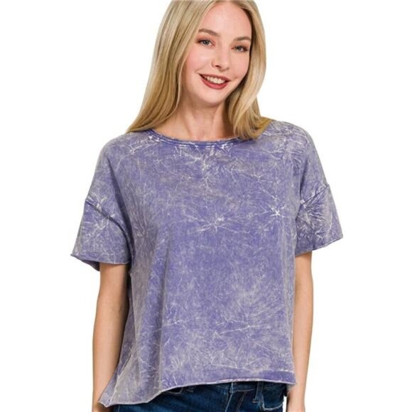 Zenana Washed Crew Neck Short Sleeve Crop Box Tee - Picture 1 of 3
